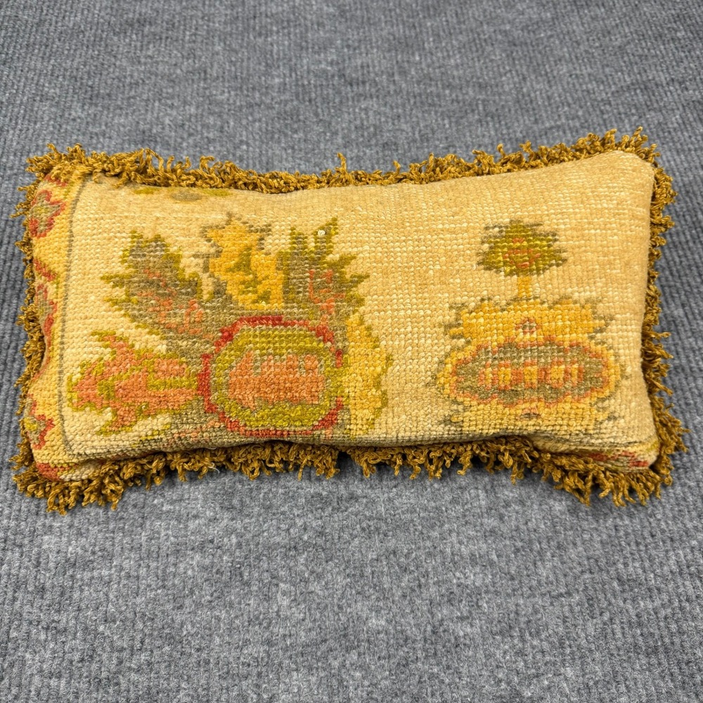 Vtg 80s Hooked Tapestry Pillow 10x19 Floral Lumbar Brown Velvet Fringe